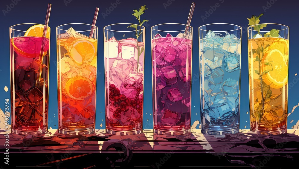 kolorowe drinki w wysokich szklankach na blacie i słomkami w środku - obrazy, fototapety, plakaty 