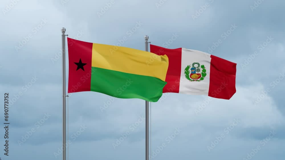 Peru and Guinea-Bissau flag waving together on cloudy sky, endless seamless loop, two country cooperation concept Peru and Guinea-Bissau flag waving together on cloudy sky, endless seamless loop, two country cooperation concept