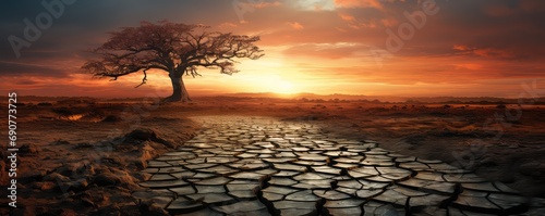 wyschnięta pustynia i drzewo wyschnięte przy blasku słońca, widok suszy, 