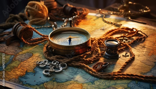 widok kompasu i mapy ktora pokazuje kierunki świata photo