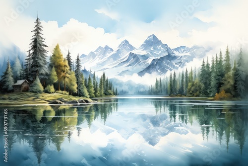 rzeka w górach przy lesie płynąca spokojnie w dzikiej naturze, grafika komputerowa przedstawiająca obraz akrylowy photo