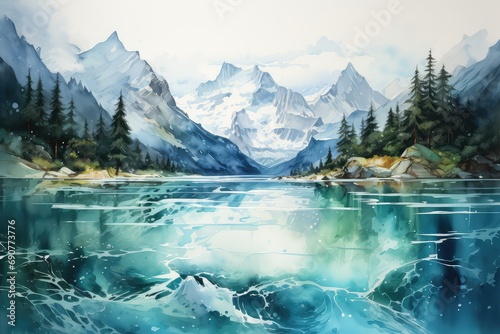 rzeka w górach przy lesie płynąca spokojnie w dzikiej naturze, grafika komputerowa przedstawiająca obraz akrylowy