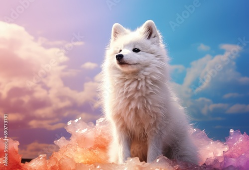widok pięknego psa białego na kolorowym tle, tapecie