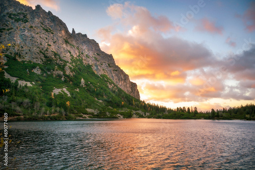Morning sunrise at Poprad lake( Popradske pleso) in High Tatras national park, Slovakia