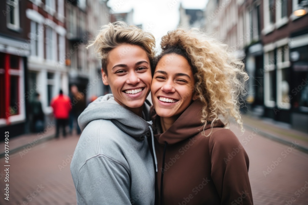 Smiling portrait of lesbian couple on the street