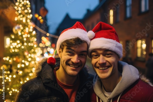 Happy young gay couple standing in front their house