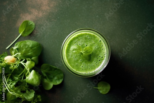 Fresh green smoothie on countertop photo