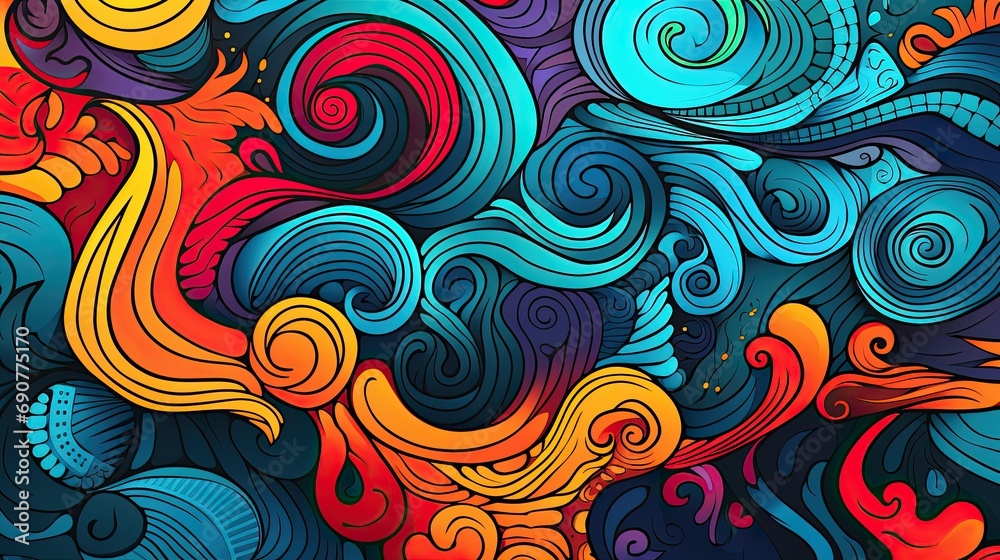 Vibrant abstract background with colorful swirls and wave patterns in a psychedelic design.