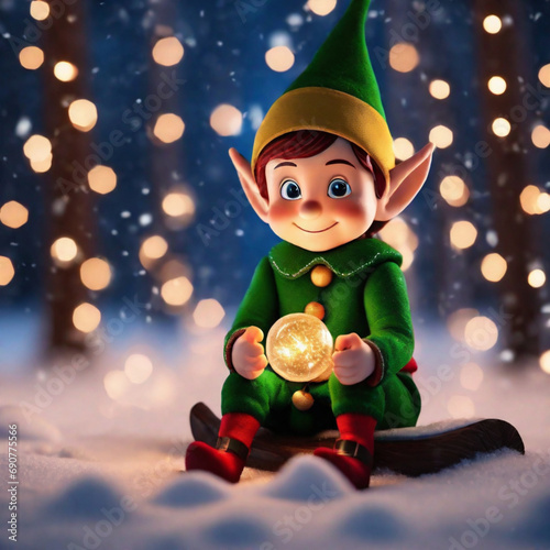 Little elf with Christmas lights enjoying vacation outdoors in the snow happy and playing with magical. Artificial intelligence. 