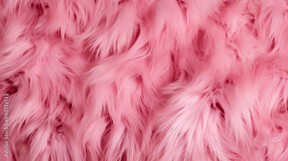 Pink faux fur backdrop with textured closeup, shaggy decorative fiber in colorful, fluffy pink fur 