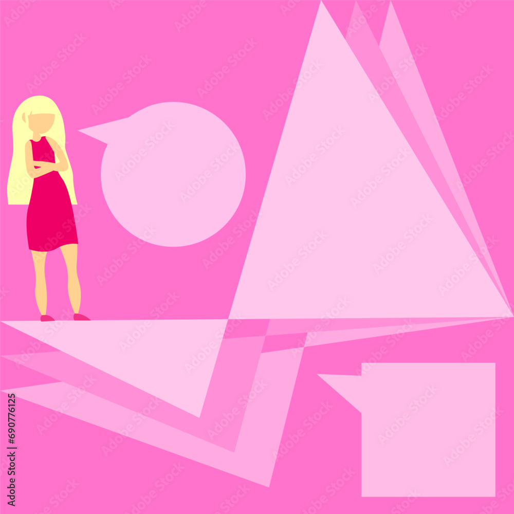Pink template with girl, speech bubbles, geometric shapes, vector illustration.
