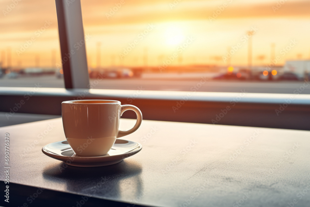 Close up photo of a cup of coffee at the airport, window table