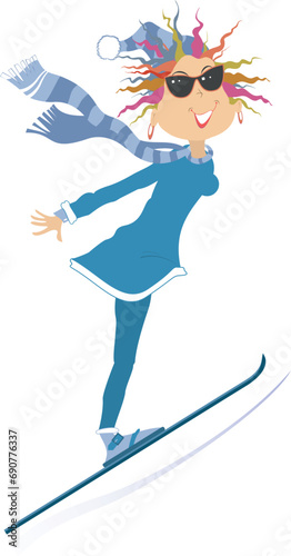 woman skiing blue outfit sunglasses smiling clip art preview