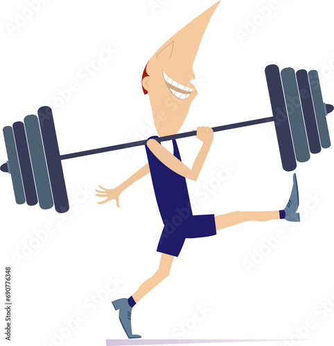 Cartoon man weightlifter illustration. 
Walking funny strong man holds a heavy weight on the shoulder. Isolated on white background
 photo