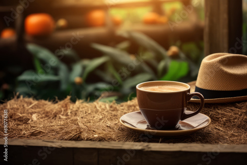 Close up photo of a cup of coffee in a staged farm scene