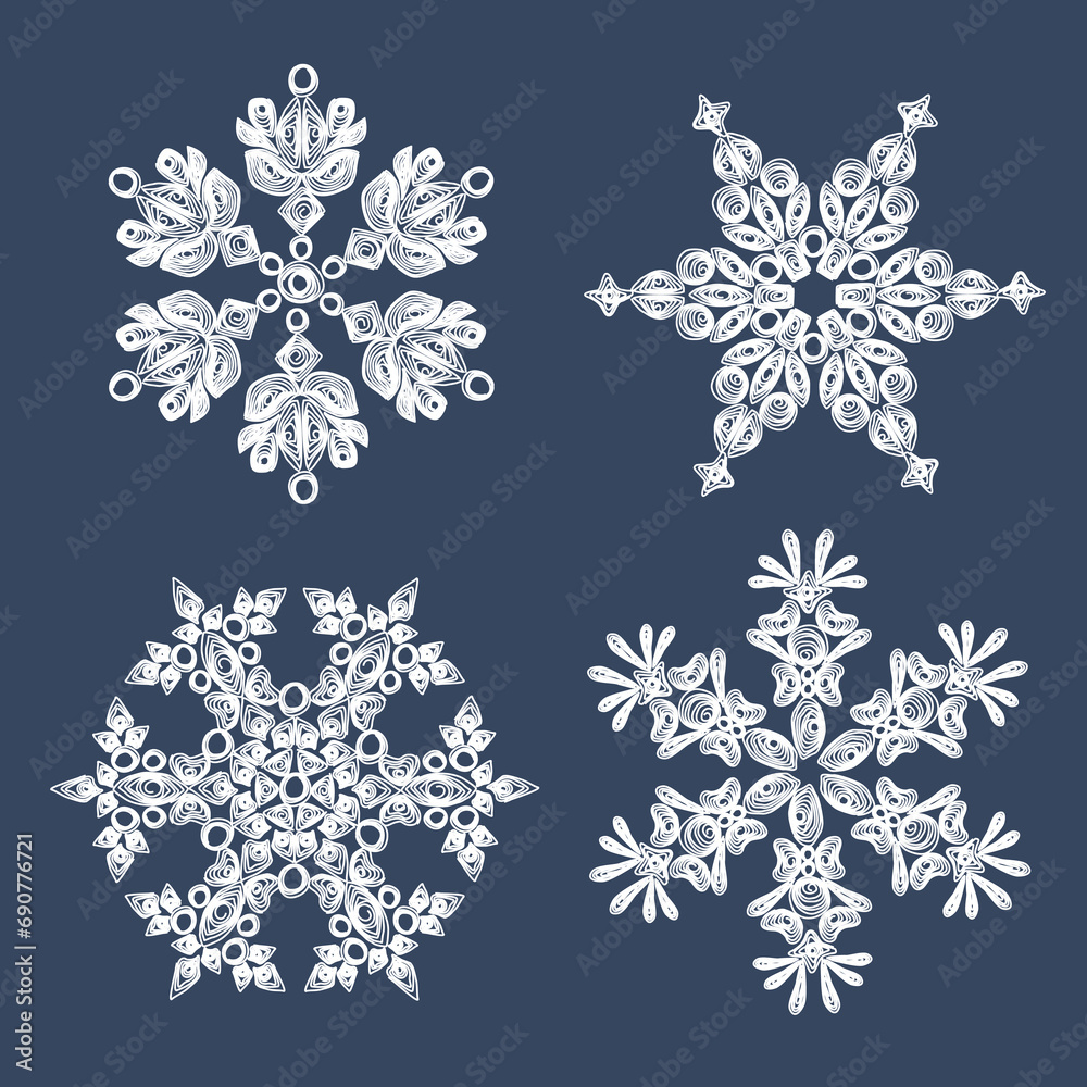 A set of stylish white quilling snowflakes on a dark blue background. Paper openwork weaving technique. Elements of quilling. New Year's symbols in the pattern.