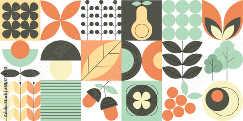 Minimalistic natural geometric pattern. Background with simple geometric shapes of natural flower plants. Abstract plants and flowers geometric pattern. Vector illustration #690776781