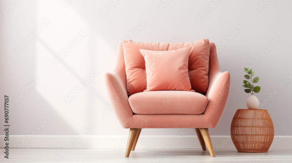 Fototapeta premium Modern interior with pink armchair and vase. Peach Fuzz color