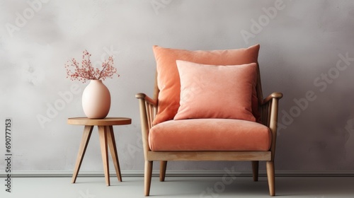 Modern interior with pink armchair and vase. Peach Fuzz color