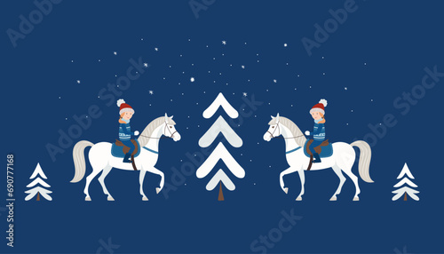 Christmas and New Year holidays, horseback riding in the winter forest