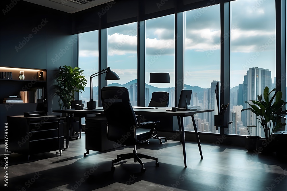 Design of a private office, black table, large windows with a view