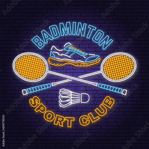Badminton sport neon emblem, logo. Vector illustration. Vintage badminton label with sports shoe, racket and shuttlecock silhouettes. Concept for shirt or logo, print, stamp or tee.