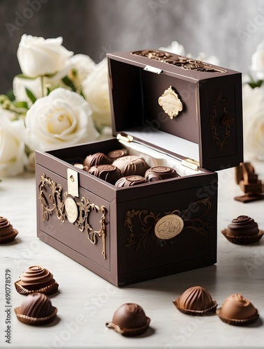A wooden box with delicious chocolates, roses and chocolates scattered around