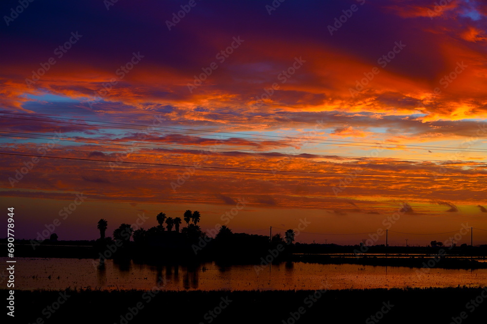 Romantic sunset in Delta del Ebro , Tarragona, Spain