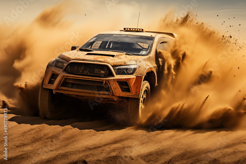 off-road 4x4 rally vehicle bashing through desert dunes, kicking up sand