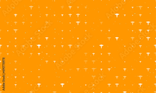 Seamless background pattern of evenly spaced white caduceus symbols of different sizes and opacity. Vector illustration on orange background with stars