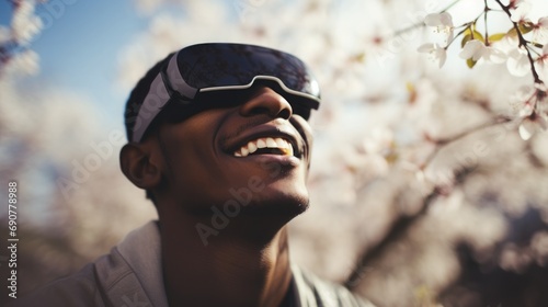 Young man with virtual reality glasses, blurred cityscape background with spring blossoms