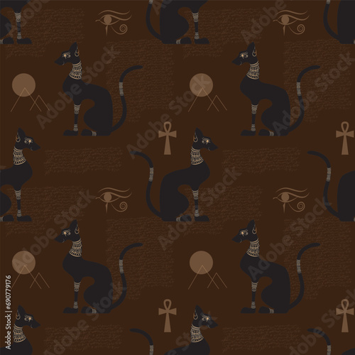 Black egyptian decorated cat shape silhouette sitting. Seamless pattern with manuscripts and egyptian cultural symbols. Vector illustration.