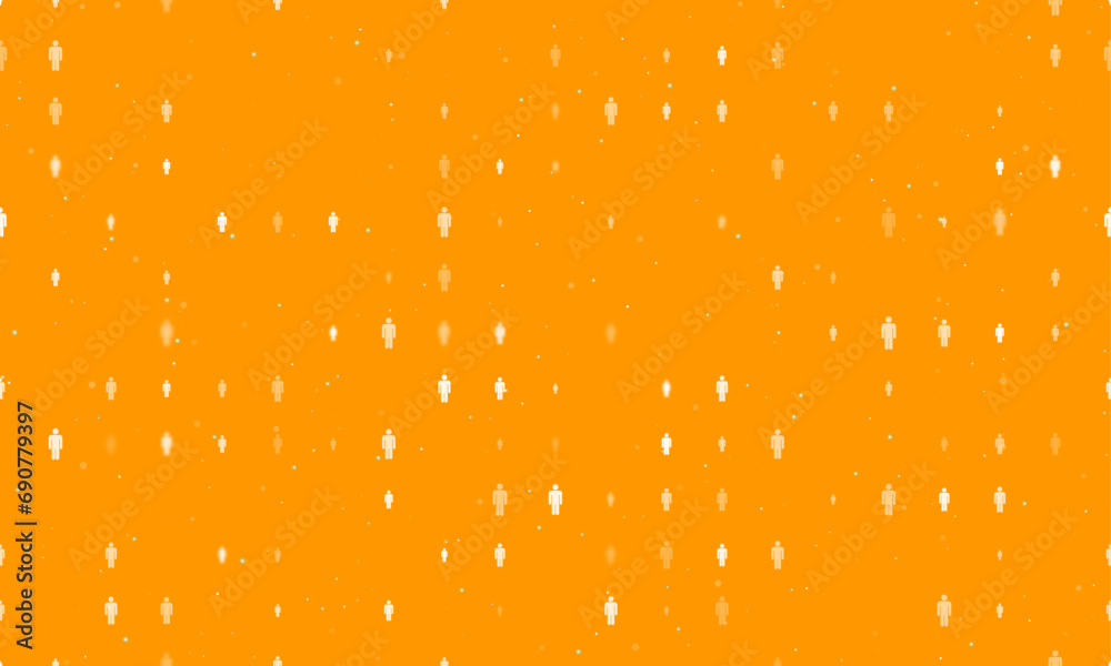 Seamless background pattern of evenly spaced white man symbols of different sizes and opacity. Vector illustration on orange background with stars