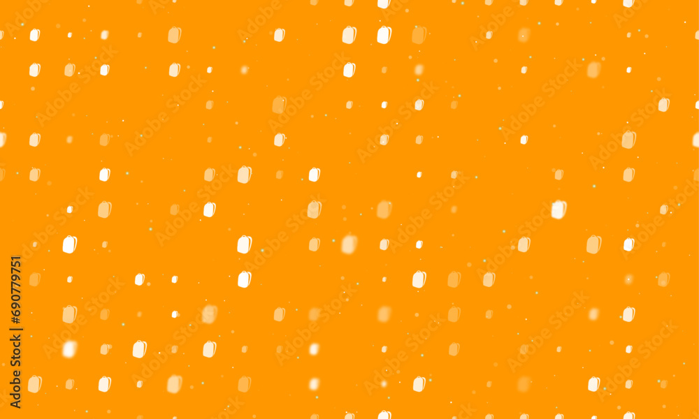 Seamless background pattern of evenly spaced white school bag symbols of different sizes and opacity. Vector illustration on orange background with stars