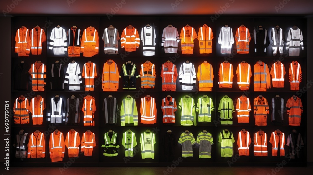 Against a backdrop of safety symbols, a collection of reflective vests is displayed, their high-visibility properties highlighted in the subtle glow