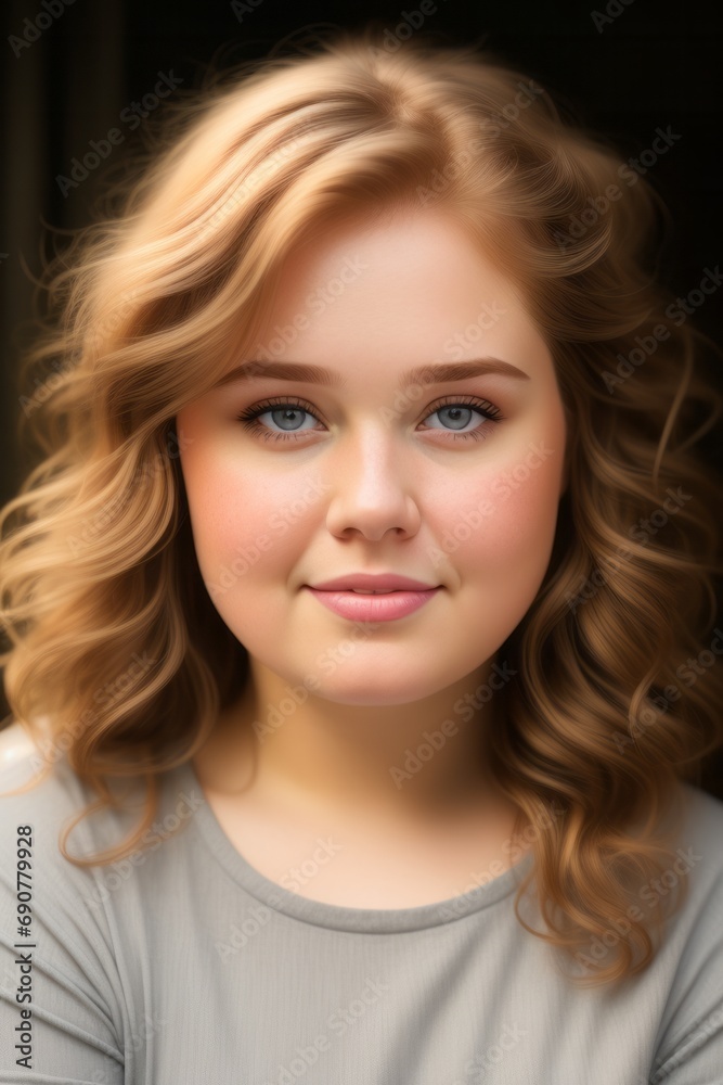 Studio portrait of red-haired well-fed girl in gray sweater on black background Studio portrait of red-haired well-fed girl in gray sweater on black background