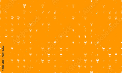 Seamless background pattern of evenly spaced white wineglass symbols of different sizes and opacity. Vector illustration on orange background with stars