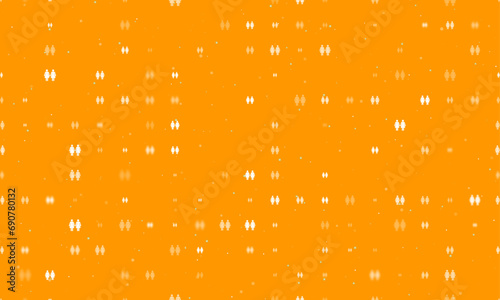 Seamless background pattern of evenly spaced white woman with woman symbols of different sizes and opacity. Vector illustration on orange background with stars