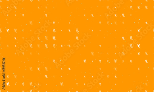 Seamless background pattern of evenly spaced white scorpio symbols of different sizes and opacity. Vector illustration on orange background with stars