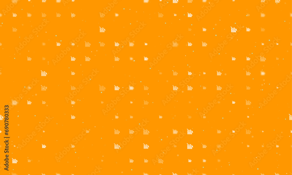 Seamless background pattern of evenly spaced white chart down symbols of different sizes and opacity. Vector illustration on orange background with stars