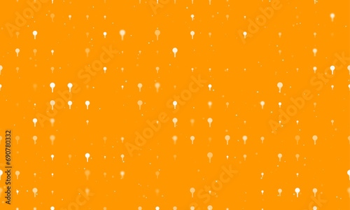 Seamless background pattern of evenly spaced white golf symbols of different sizes and opacity. Vector illustration on orange background with stars