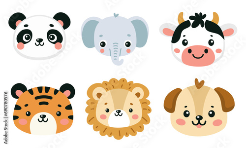 Cute vector faces of different animals. Tiger, lion, elephant and panda. A cow and a dog . Vector illustration