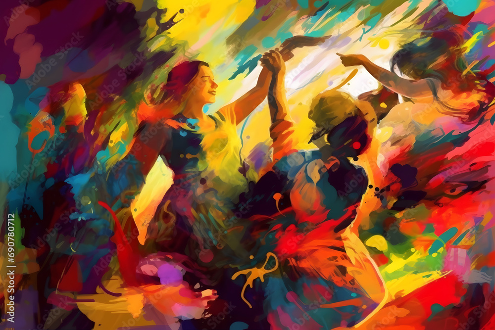 Dancing silhouettes of people on a rainbow watercolor paint splash. Neural network AI generated art