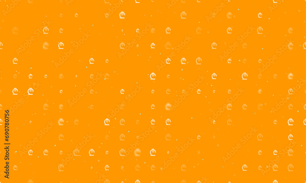 Seamless background pattern of evenly spaced white lary symbols of different sizes and opacity. Vector illustration on orange background with stars Seamless background pattern of evenly spaced white lary symbols of different sizes and opacity. Vector illustration on orange background with stars