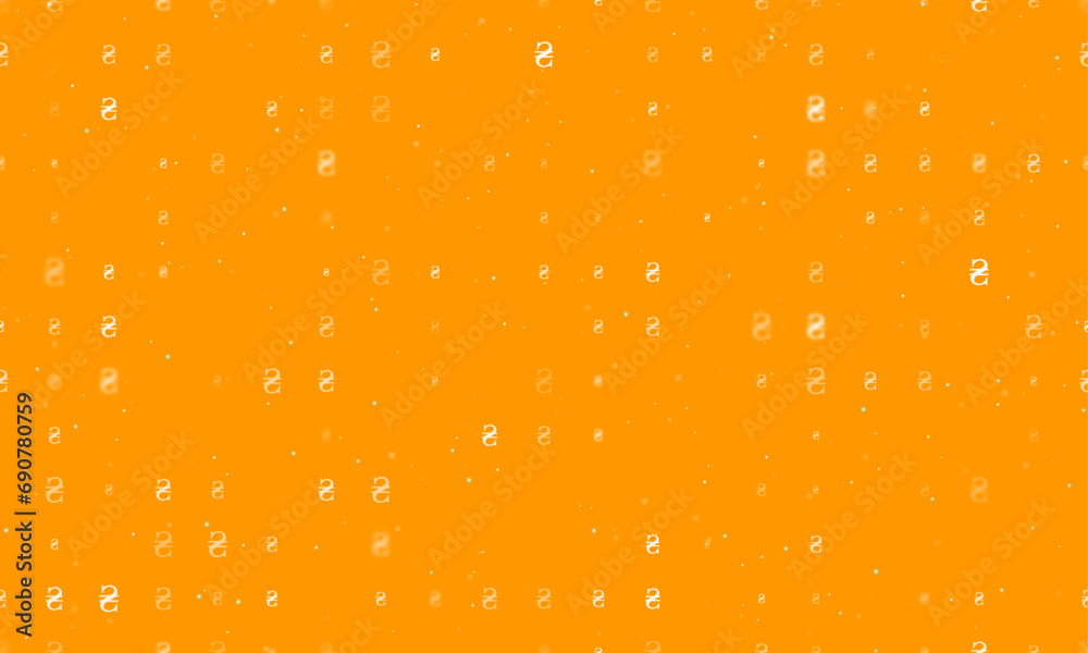 Seamless background pattern of evenly spaced white hryvnia symbols of different sizes and opacity. Vector illustration on orange background with stars Seamless background pattern of evenly spaced white hryvnia symbols of different sizes and opacity. Vector illustration on orange background with stars