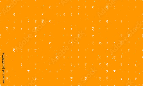 Seamless background pattern of evenly spaced white indian rupee symbols of different sizes and opacity. Vector illustration on orange background with stars