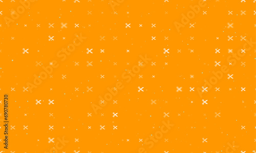 Seamless background pattern of evenly spaced white scissors symbols of different sizes and opacity. Vector illustration on orange background with stars