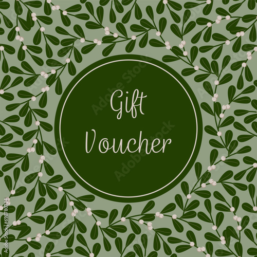 Gift Voucher - Schriftzug in englischer Sprache - Geschenkgutschein. Quadratische Couponkarte mit einem Rahmen aus Mistelzweigen.