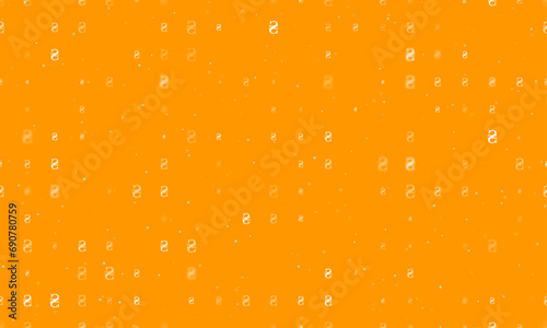 Seamless background pattern of evenly spaced white hryvnia symbols of different sizes and opacity. Vector illustration on orange background with stars