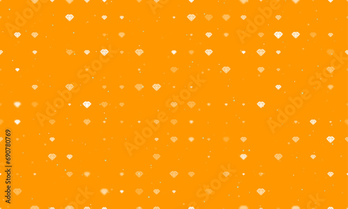 Seamless background pattern of evenly spaced white diamond symbols of different sizes and opacity. Vector illustration on orange background with stars
